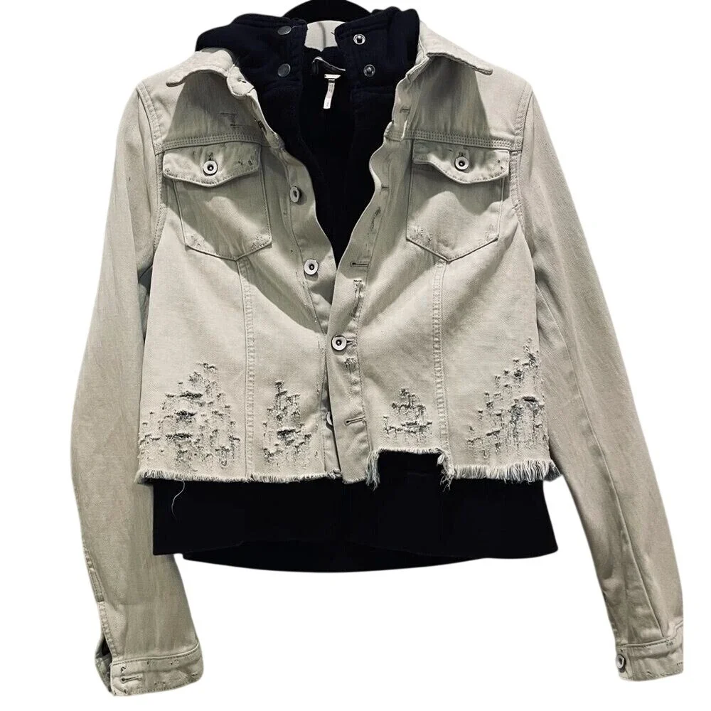 Free People Double Weave Denim Jacket‎ Hoodie Distressed Layered Boho Small - Picture 5 of 9